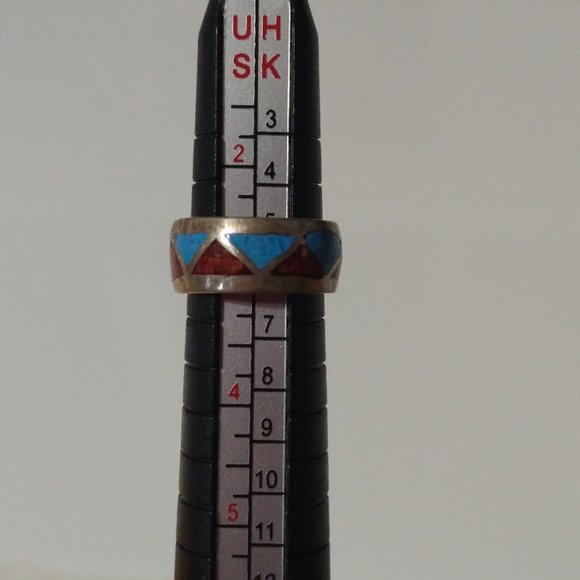 Turquoise Coral Chip Inlay Native American Sterling Silver Ring Size: 3 - Picture 8 of 10